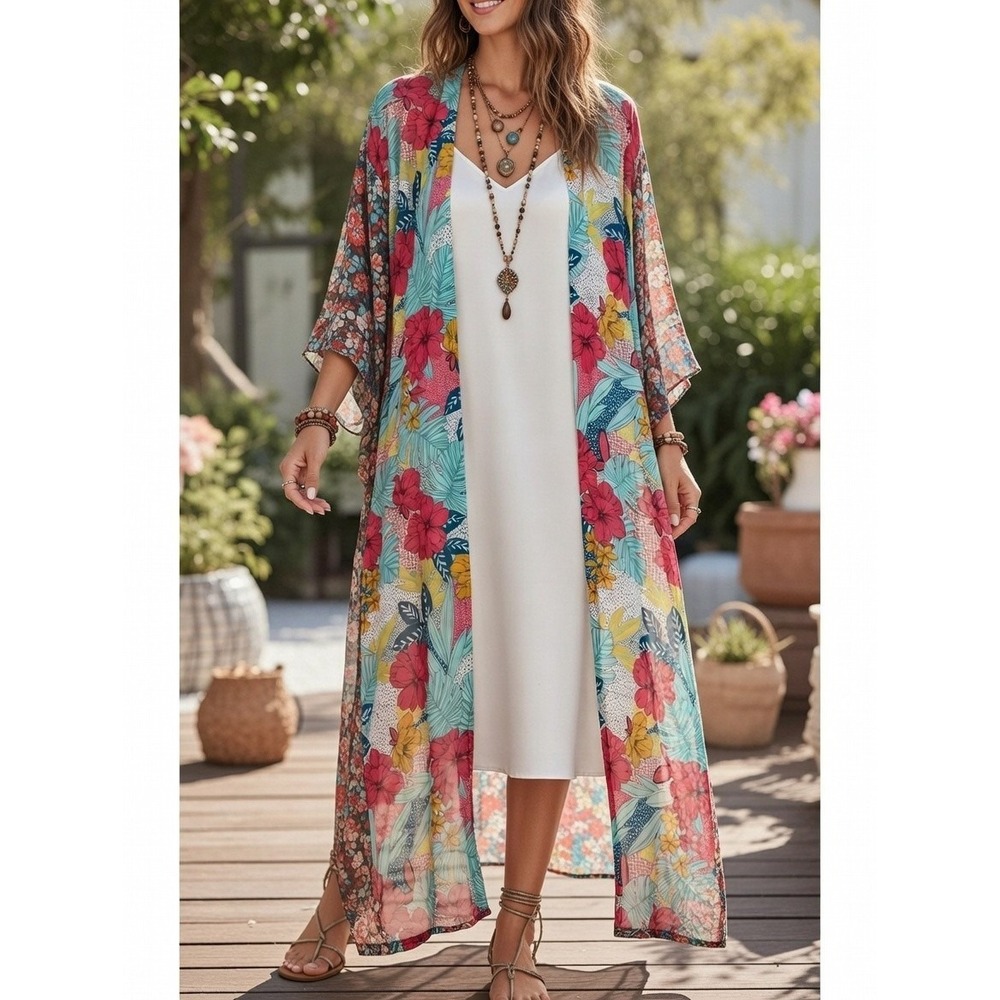 Lane Bryant Kimono Blouse Womens Plus One Size Floral Open Front Bohemian Beach
